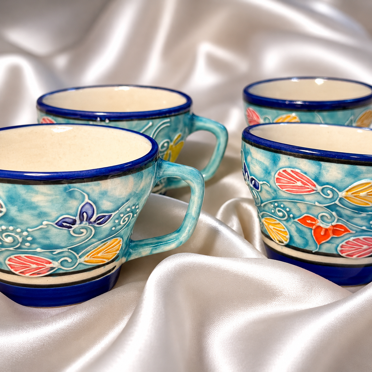 Handcrafted Floral Ceramic Tea Cup – Set of 4